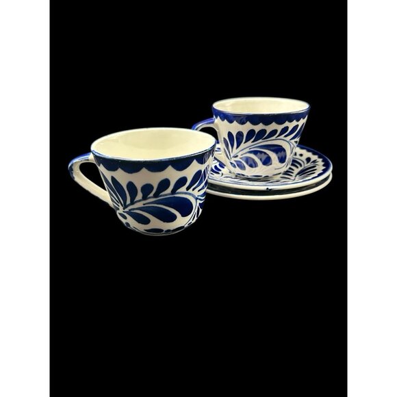 Anfora Puebla Blue Teacup Saucer Hand Painted Mexico Collect Early Mark Vintage - Picture 2 of 13